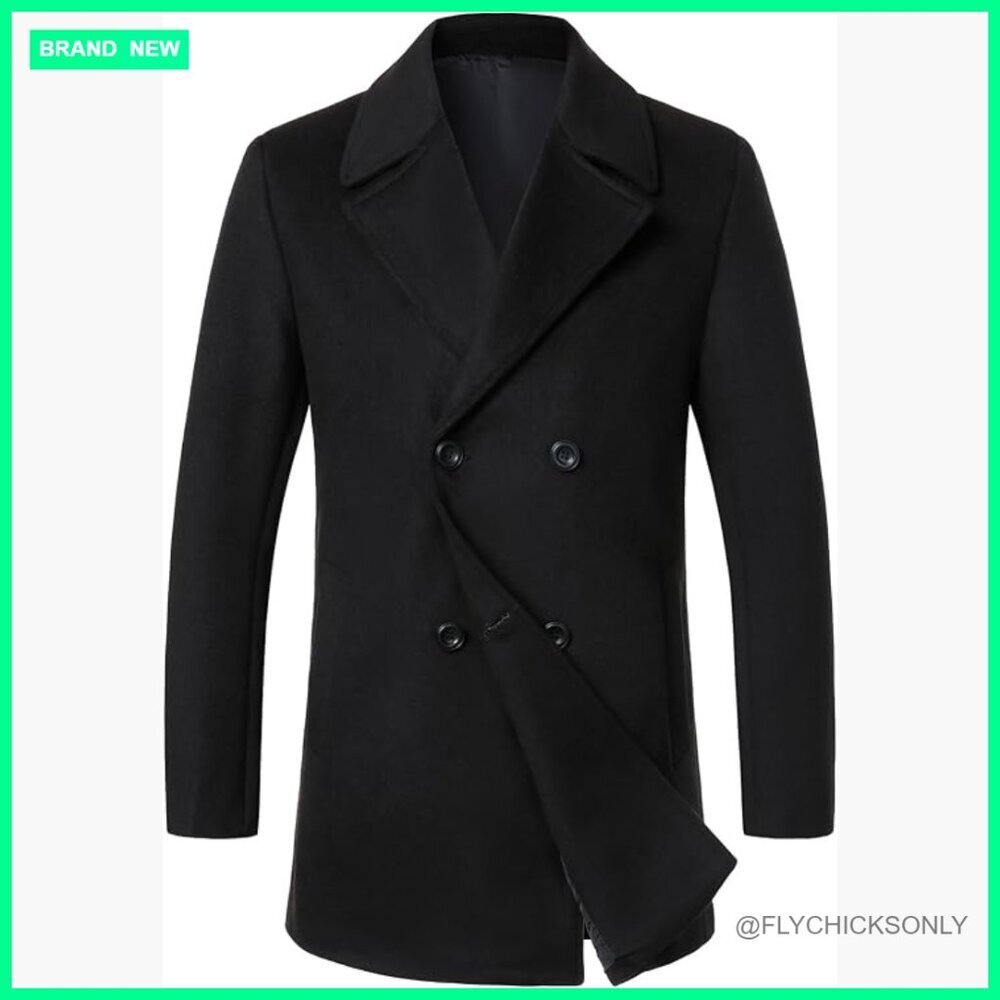 Men's Wool Blend Pea Coat Double Breasted Notched Collar Overcoat